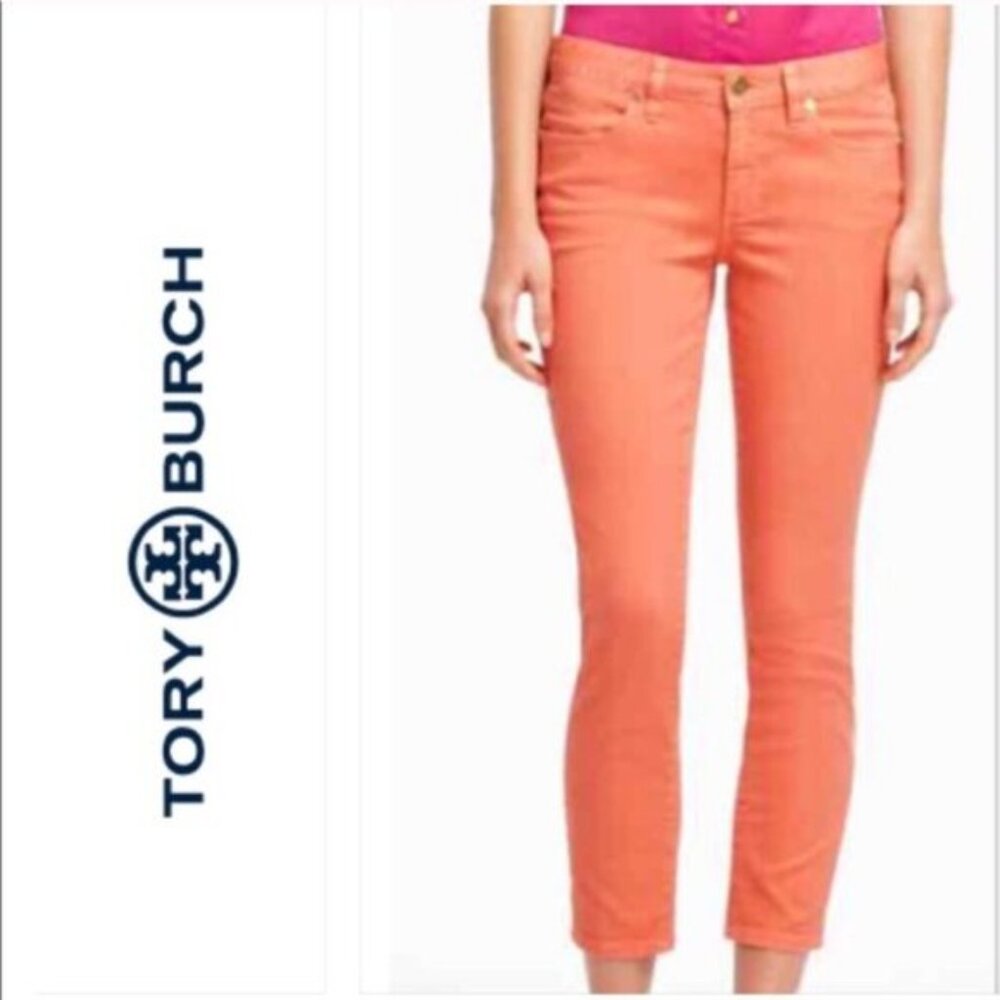 Tory Burch Alexa Cropped Skinny Jeans Coral Peachy size 29 Resortwear Preppy